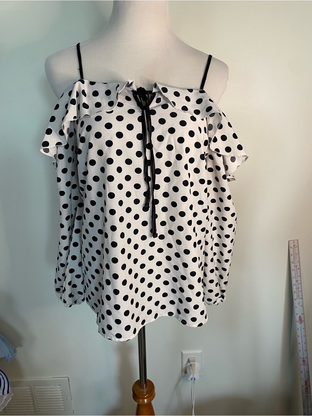 Main Strip Black and White Polka Dot Off-Shoulder Ruffle Top